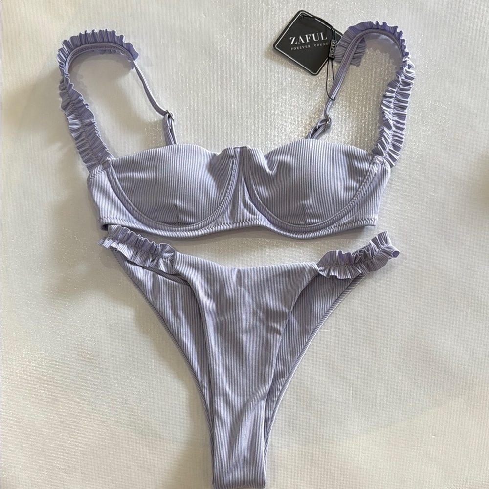 ZAFUL Lavender Ribbed Ruffled Frilled High Cut Bikini Swimsuit set size S/4